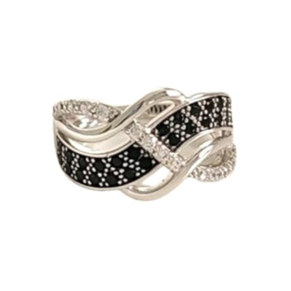 Sterling Silver 925 CZ Black Spinel Crystal Stone Crossover Ring